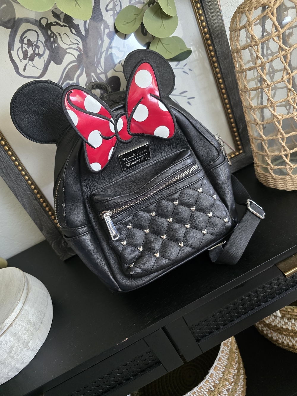 Loungefly Minnie Mouse Black Quilted Mini Backpack with Red Polka Dot Bow